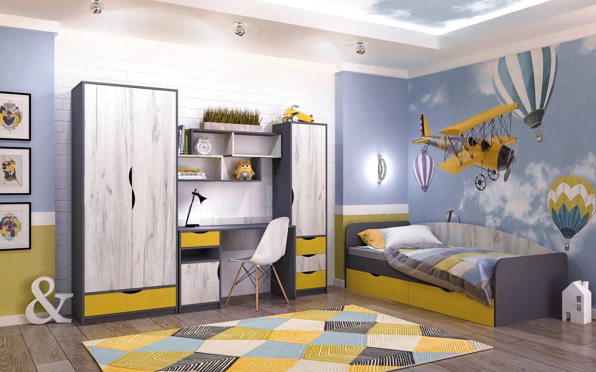 Комплет мебел за детска соба Артис ll, сива графит + бела даб крафт + жолта  1
